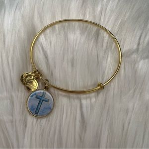 Alex and Ani Shiny Gold and Blue Sky Cross Resin Charm Bangle Bracelet